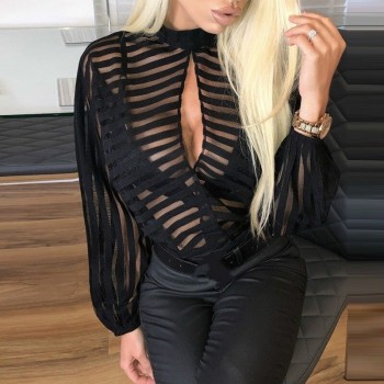 Black Women Mesh Sheer Blouses Ladies Long Sleeve Striped Front Hollow Out Transparent Shirts